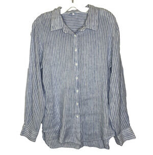 Women's Large Blue Island Stripe Button Down Lightweight Shirt
